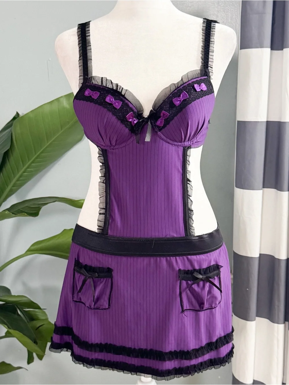 Native Intimates Purple & Black Lingerie Chemise Babydoll 34B Y2K